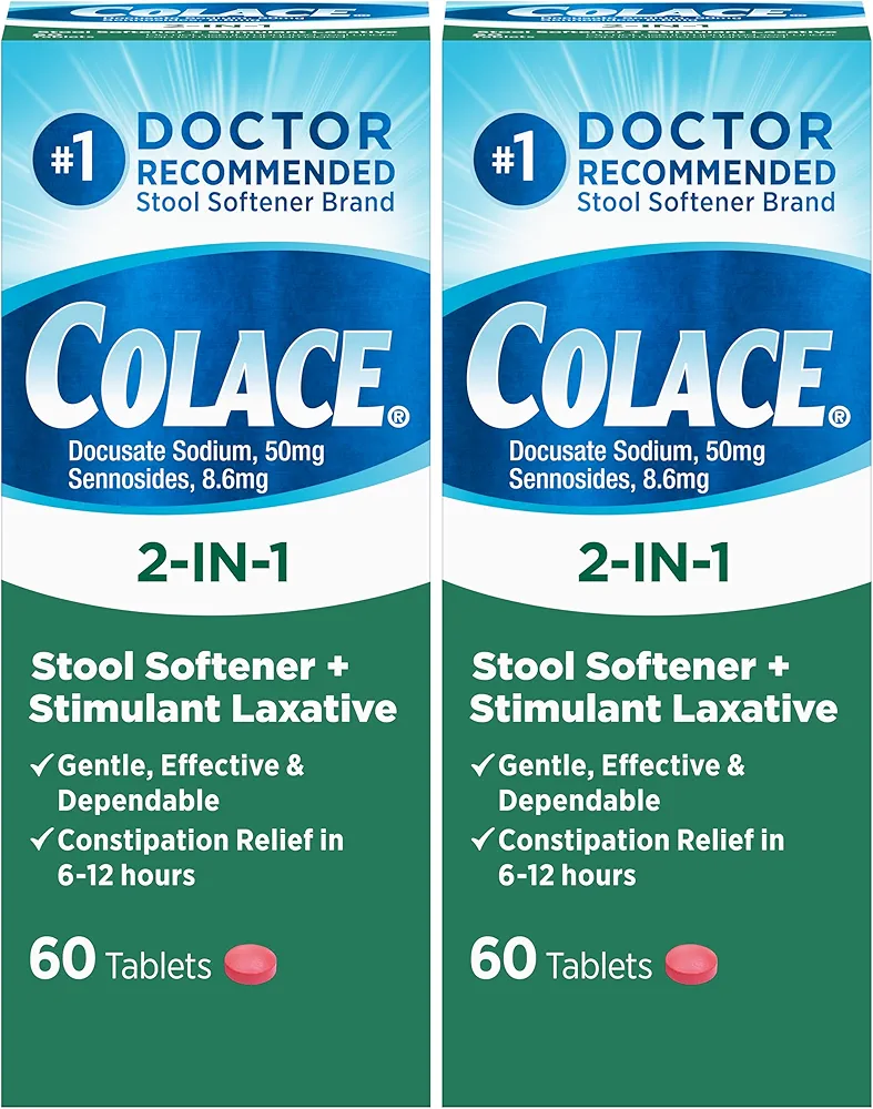 Colace 2-in-1 Stool Softener Plus Stimulant Laxative for Gentle Effective Constipation Relief, Docusate Sodium Plus Sennosides, 60 Count (Pack of 2)