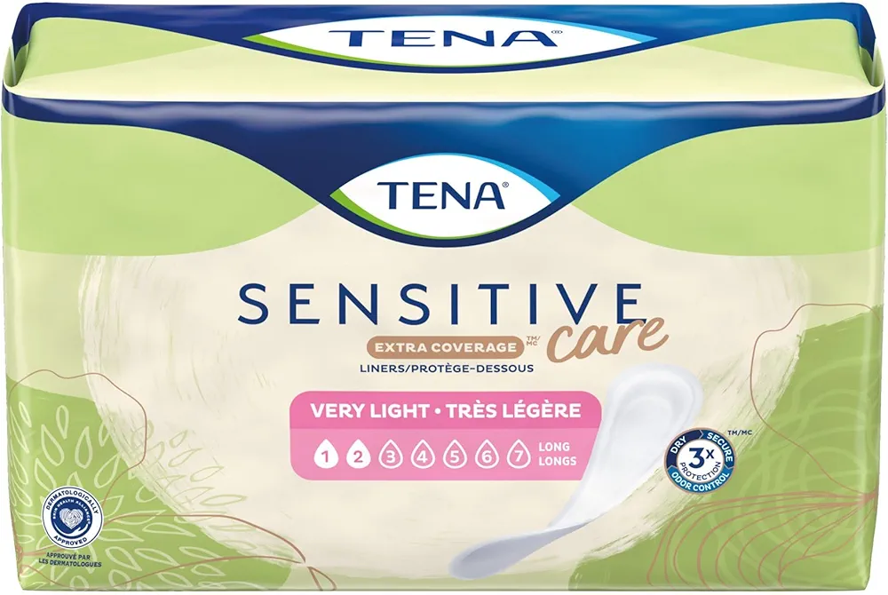 TENA Sensitive Care Extra Coverage Female Incontinent Pad Very Light Long 9" L 54291, 50 Ct