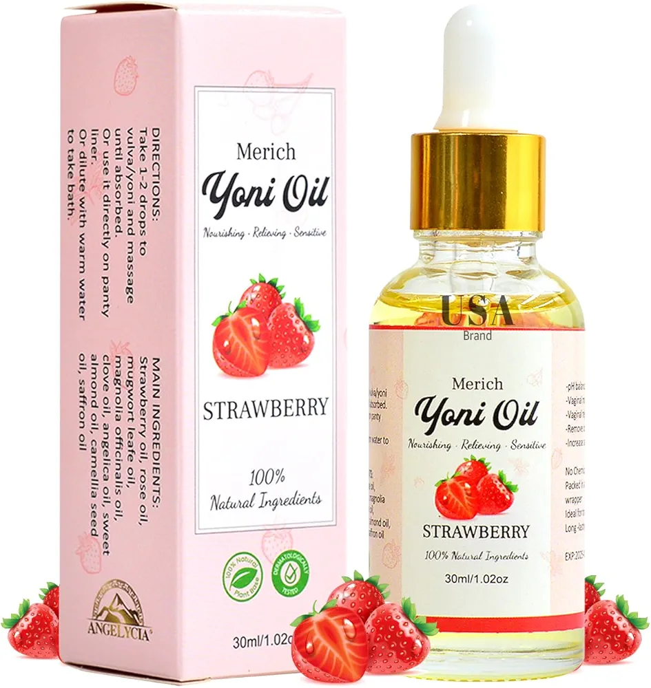 MERICH Natural Yoni Oil | Feminine Yoni Detox Oil | Naturally Scented Vaginal Oil | Restores pH Balance for Women | Eliminates Odor | Natural Vaginal Tightening and Gentle Cleansing (Strawberry)