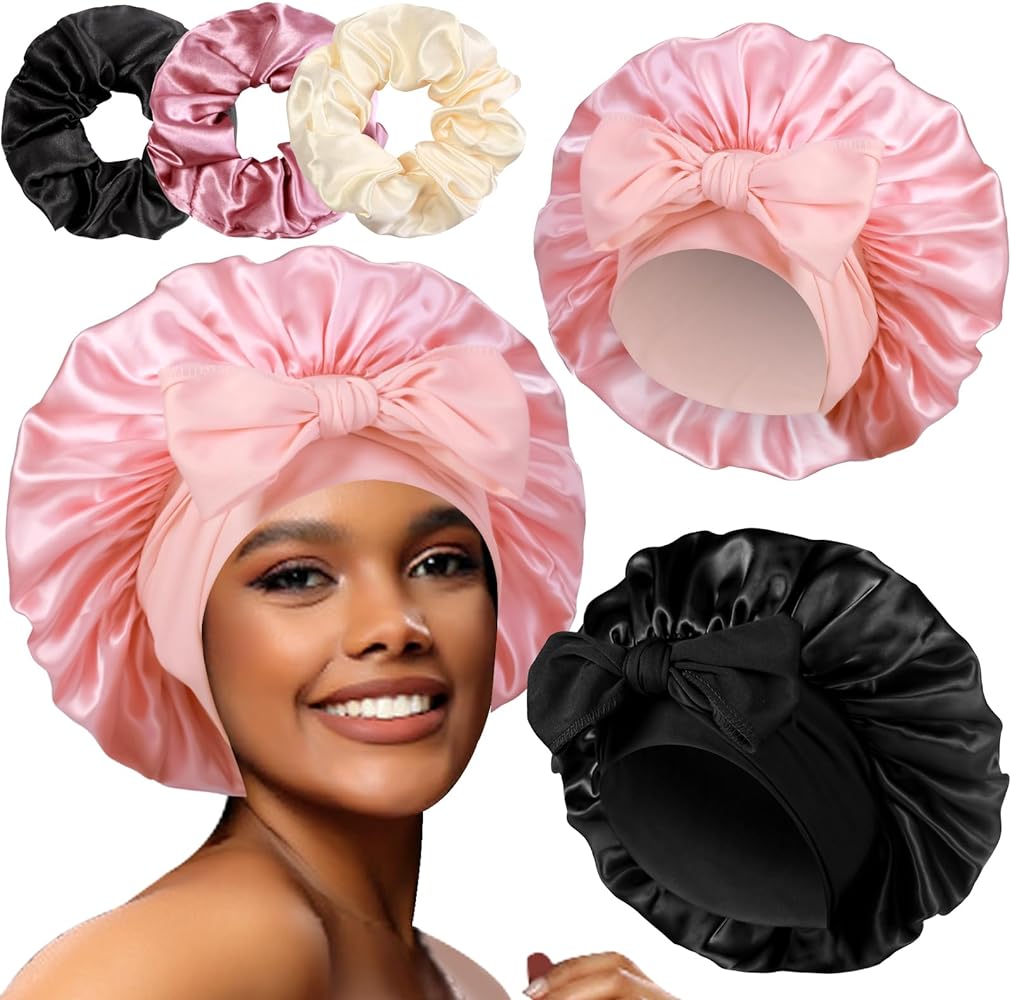 2+3 Large Satin Bonnets with Scrunchies for Women, Hair Bonnet Sleeping Tie Bonnet for Braids Curly Hair