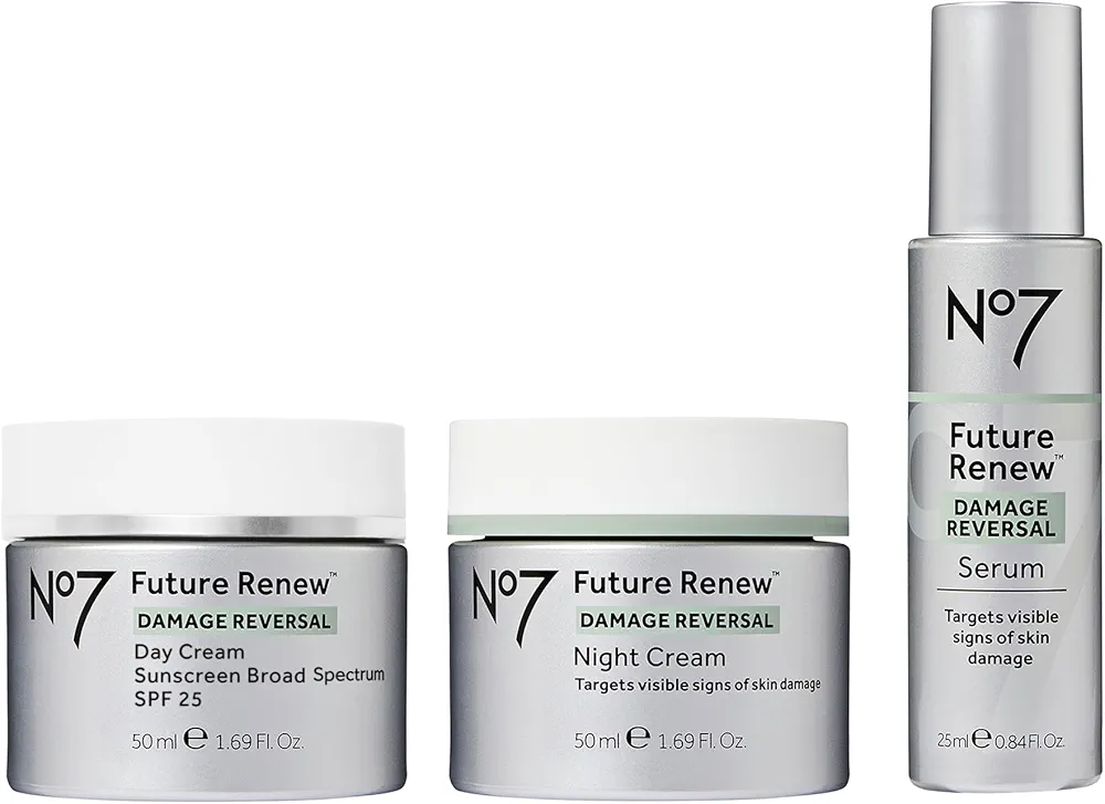 No7 Future Renew Damage Reversal Skincare Set - Anti Aging Face Serum (.33 Fl Oz), Day Cream with SPF 25 (1.69 Fl Oz) & Night Cream (1.69 Fl Oz) - Reverses Visible Signs of Aging - 3-Piece Set