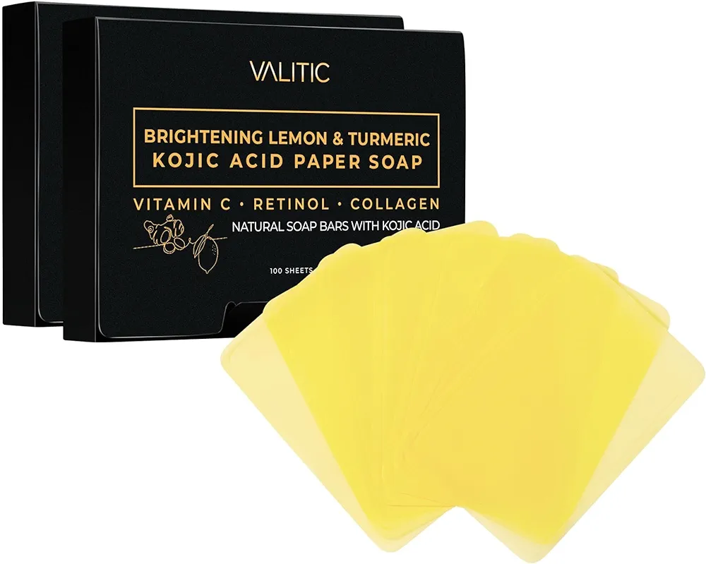 VALITIC Brightening Lemon Turmeric Kojic Acid Paper Soap - Vitamin C, Retinol, Collagen - Original Japanese Complex - Hyaluronic Acid, Vitamin E, Shea Butter, Castile Olive Oil - 2 Pack