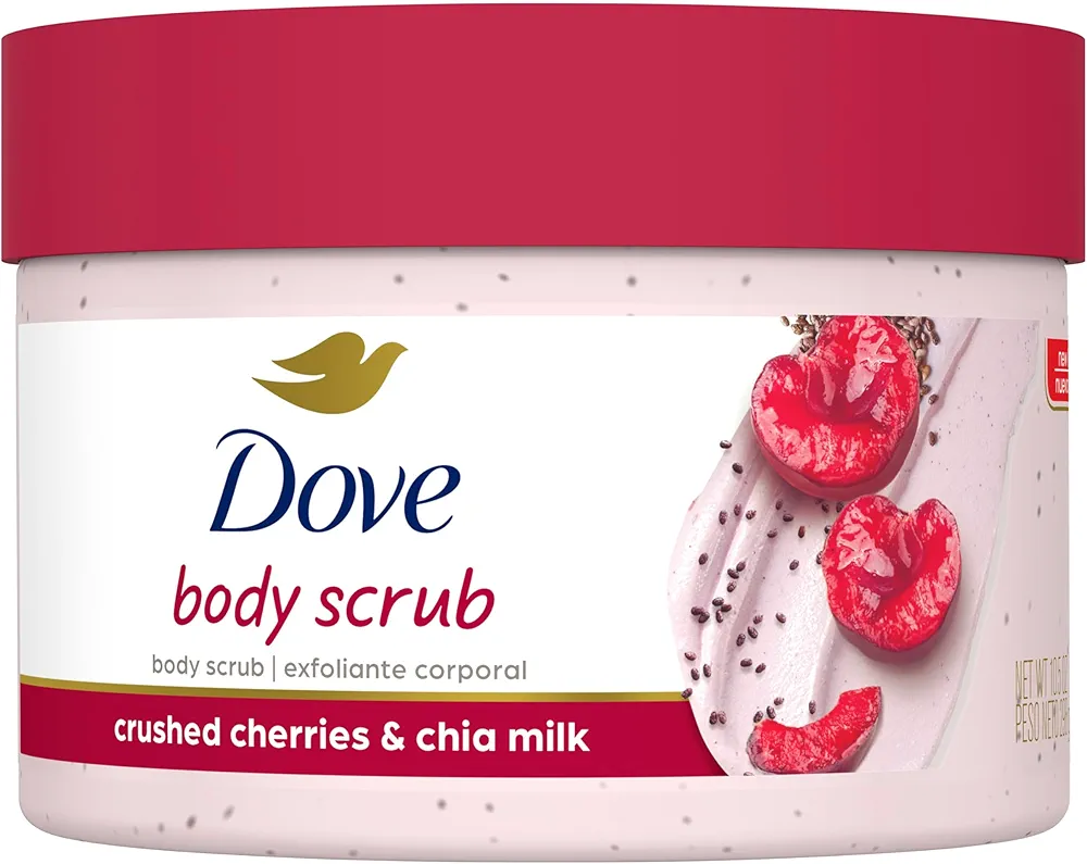 Dove Exfoliating Body Polish Crushed Cherries & Chia Milk Skin Care for Revitalized Skin Formulated with 1/4 Moisturizing Cream 10.5 oz