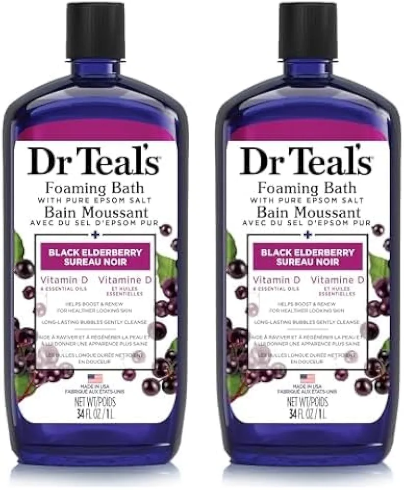 Dr Teal's Foaming Bath with Pure Epsom Salt, Black Elderberry with Vitamin D & Essential Oils, 34 fl oz (Packaging May Vary) (Pack of 2)