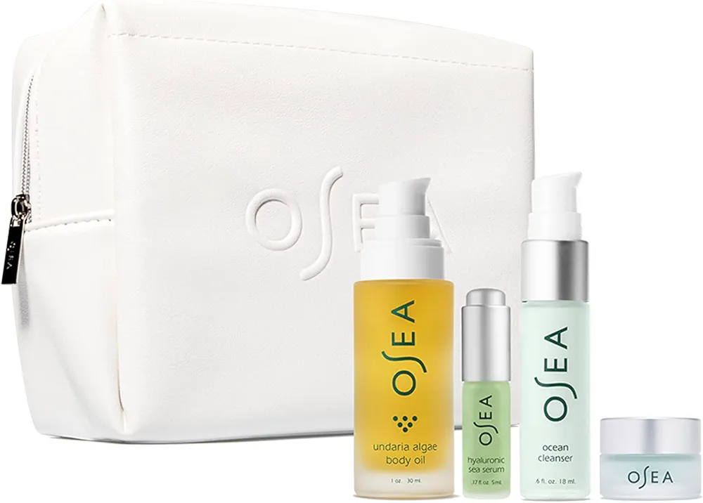 OSEA Bestsellers Discovery Skincare Set - 4-piece Skin Care Set - Vegan Leather Pouch, Body Oil, Face Cleanser, Water Cream, & Hyaluronic Acid Serum - Clean Beauty Travel Set - Ideal for Beauty Gifts