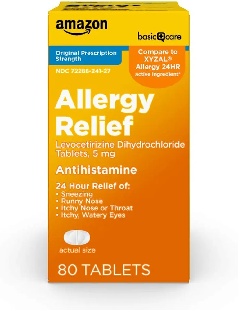 Amazon Basic Care 24 Hour Allergy Relief, Levocetirizine Dihydrochloride Tablets, 5 mg, Antihistamine, Relieves Sneezing, Runny Nose, Itchy Nose or Throat and Itchy, Watery Eyes, 80 Count