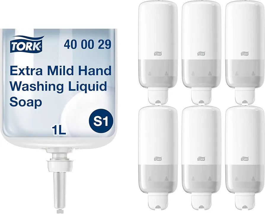 Tork Extra Mild Hand Washing Liquid Soap S1, 6 x 1L + Liquid Skincare Dispenser for Liquid Soap and Hand Sanitizer, White (Pack of 6)