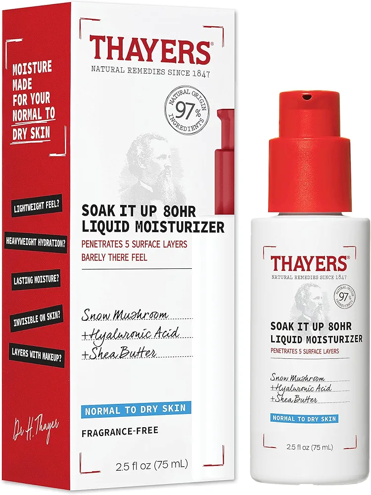 THAYERS Soak It Up 80HR Liquid Moisturizer, Face Moisturizer with Hyaluronic Acid and Snow Mushroom, Dermatologist Tested Skin Care for Normal to Dry Skin, 2.5 Oz