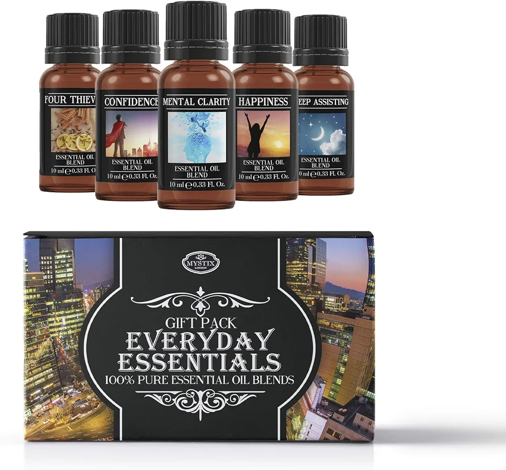 Everyday Essentials | Essential Oil Blend Gift Starter Pack | Confidence, Four Thieves, Happiness, Mental Clarity, Sleep Assisting | 100% Pure Essential Oil Blends