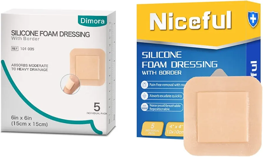 5 Packs Silicone Foam Dressing 4"x4" (2.5"x2.5" pad), 5 Packs Silicone Foam Dressing 6'' x 6''(4.3" X 4.3" pad), Waterproof Adhesive Dressing, High Absorbency