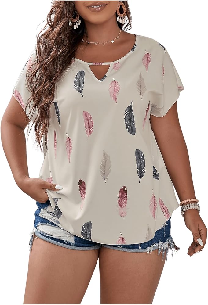 SOLY HUX Plus Size Blouses for Curvy Women Cute Boho Print Shirts V Neck Casual Summer Blouses T-Shirts Tops