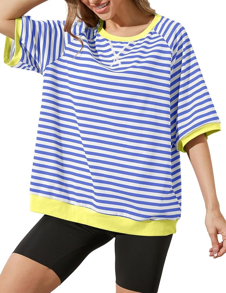 Women Oversized T Shirts Striped Color Block Crew Neck Short Sleeve Blouse Top Casual Loose Summer Basic Tee Shirt