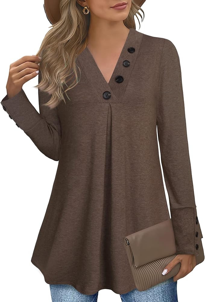 Messic Women's Long Sleeve Button V Neck Flowy Pleated Shirts Casual Tunic Tops Blouse