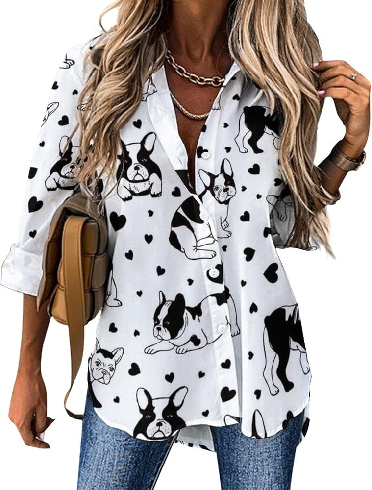 Dogs Pattern French Bulldog Blouses for Women Hawaiian Button Down Long Sleeve Shirts Tees Tops