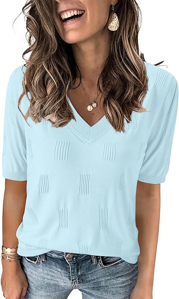 Yincro Womens Short Sleeve Sweaters Fall Summer Tops V Neck Lightweight Knit Pullovers