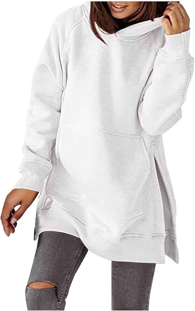 Women's Casual Long Hoodies Oversized Thick Fleece Solid Color Hooded Sweatshirt Pullover Side Split High Low Hem Tops