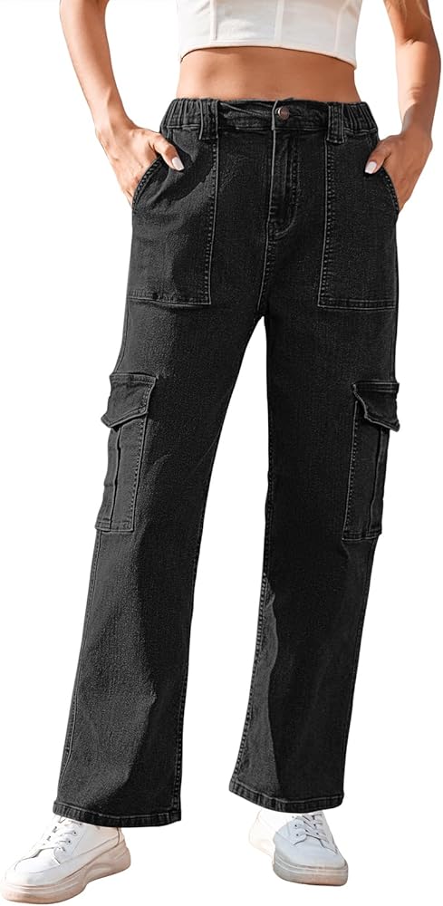 Womens Cargo Pants High Waisted Baggy Stretchy Wide Leg Y2K Streetwear Casual Denim Pants with 6 Pockets