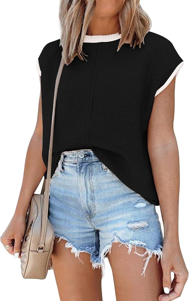 Womens Summer Cap Sleeve Tops Sleeveless Sweater Vest Casual Loose Fit Striped Knit Lightweight Pullover Top