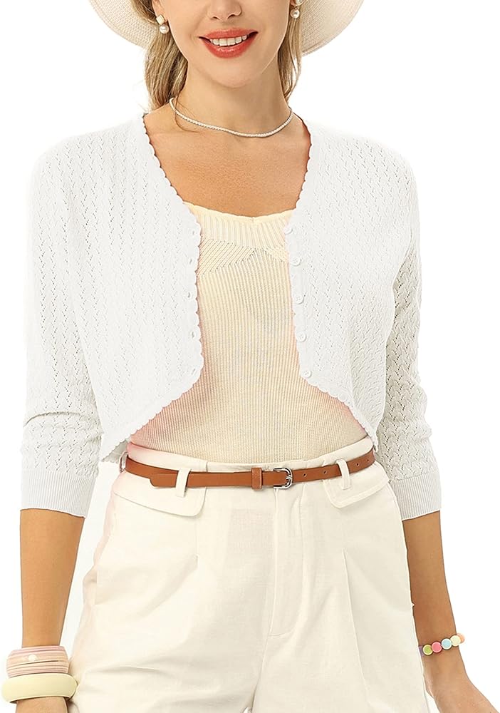 Womens Summer 3/4 Sleeve Bolero Shrug for Dress Open Front Scalloped Knit Cropped Cardigan Sweater Lightweight