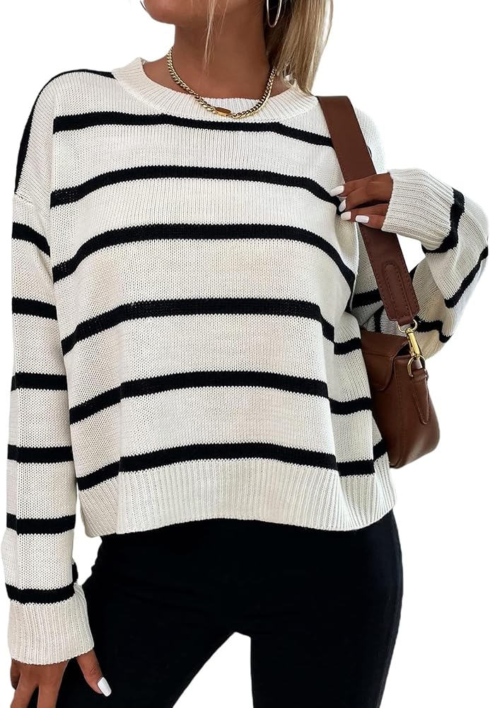 GORGLITTER Women's Striped Drop Shoulder Sweater Long Sleeve Round Neck Pullover Top