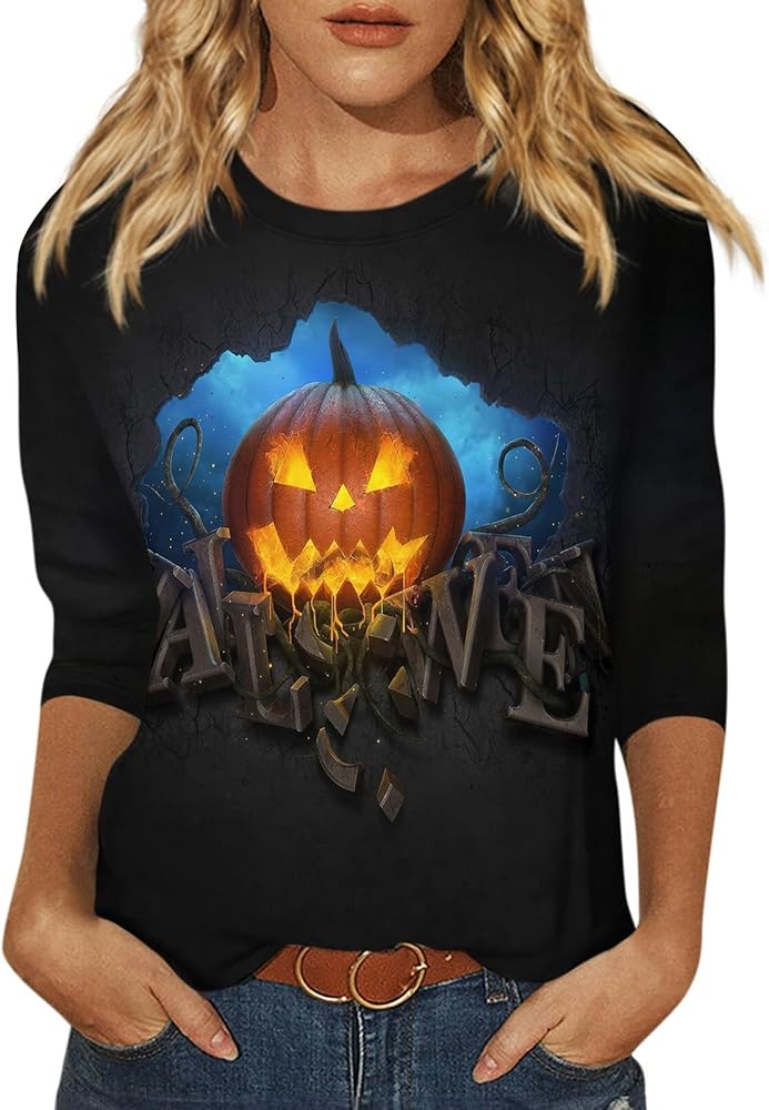 Halloween Costumes 3/4 Sleeve Round Neck Tops Casual Loose Fit Blouse Printed Cute Tunic Trendy Oversized tee