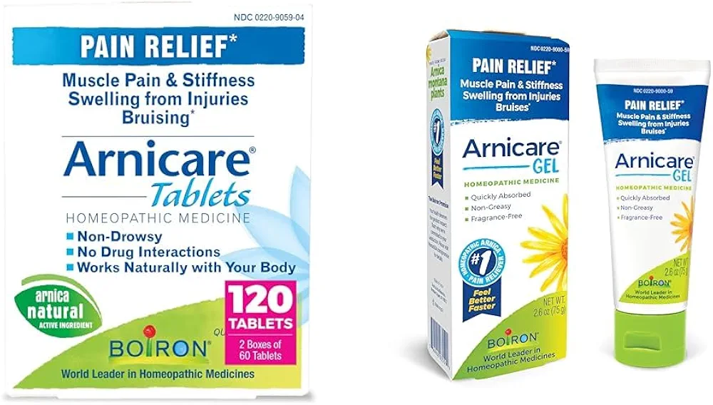 Boiron Arnicare Tablets and Gel for Pain Relief from Muscle Pain, Joint Soreness, Swelling from Injury or Bruises - 120 Count (2 Pack of 60) Tablets and 2.6 oz Gel