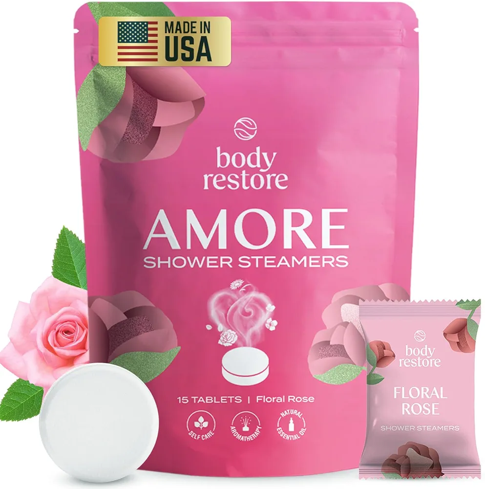 Body Restore Shower Steamers Aromatherapy 15 Pack - Relaxation Birthday Gifts for Women and Men, Travel Essentials, Stress Relief and Self Care - Amore