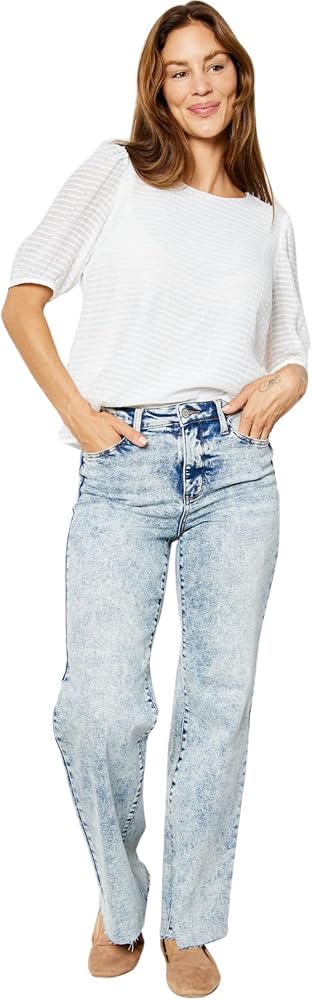 Judy Blue High Waist Mineral Wash Raw Hem Wide Jeans for Women 88828-