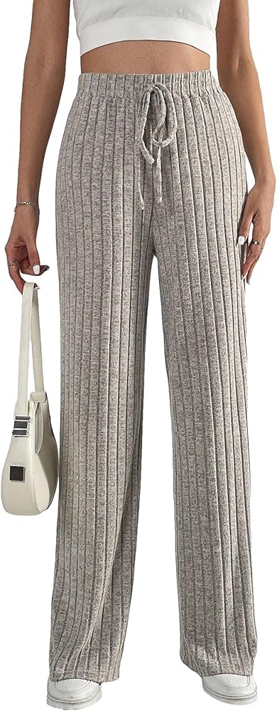 MakeMeChic Women's Casual Drawstring Elastic Waisted Trousers Ribbed Knit Straight Leg Long Pants