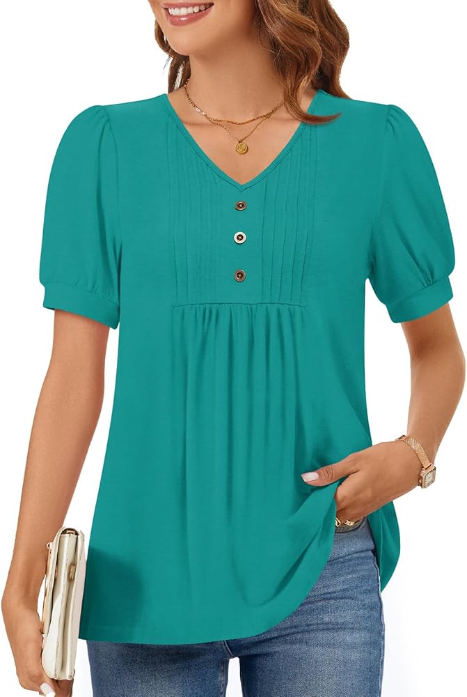 Women's Puff Short Sleeve Tunic Tops Dressy V Neck Pleated Shirts Casual Work Blouses