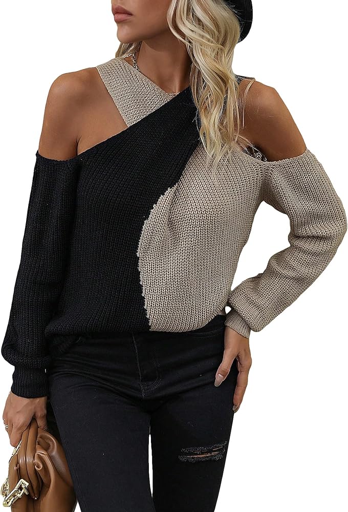 OYOANGLE Women's Color Block V Neck Cold Shoulder Long Sleeve Pullover Wrap Cross Sweater