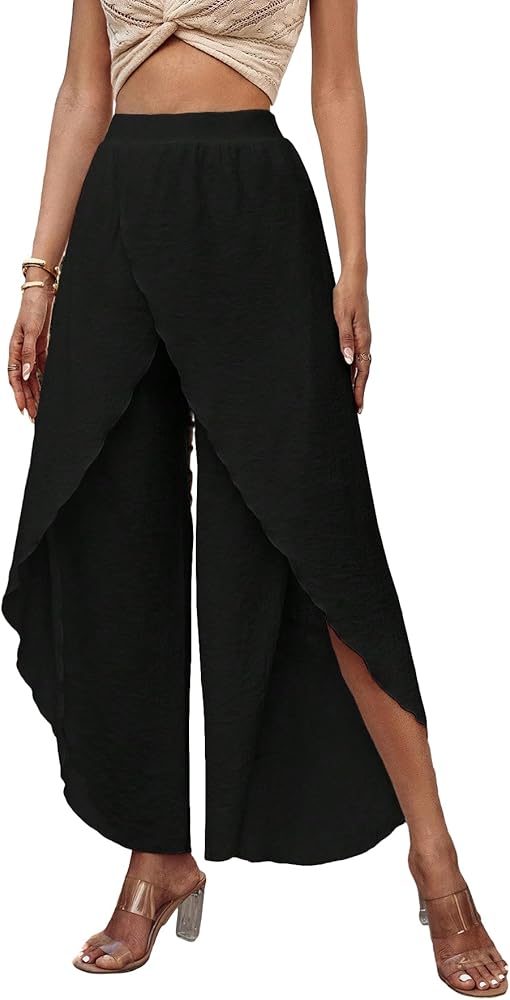 MakeMeChic Women's Casual High Waisted Wrap Split Wide Leg Pants Loose Palazzo Pants