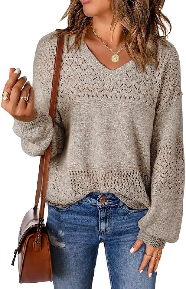 Sweaters for Women 2024 Trendy Latern Sleeve V Neck Shirts Light Weight Oversized loose Crochet Pullover Sweater Tops