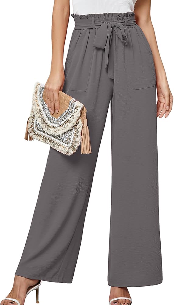 Heymoments Women's Wide Leg Lounge Pants with Pockets Lightweight High Waisted Palazzo Adjustable Tie Knot Flowy Trousers