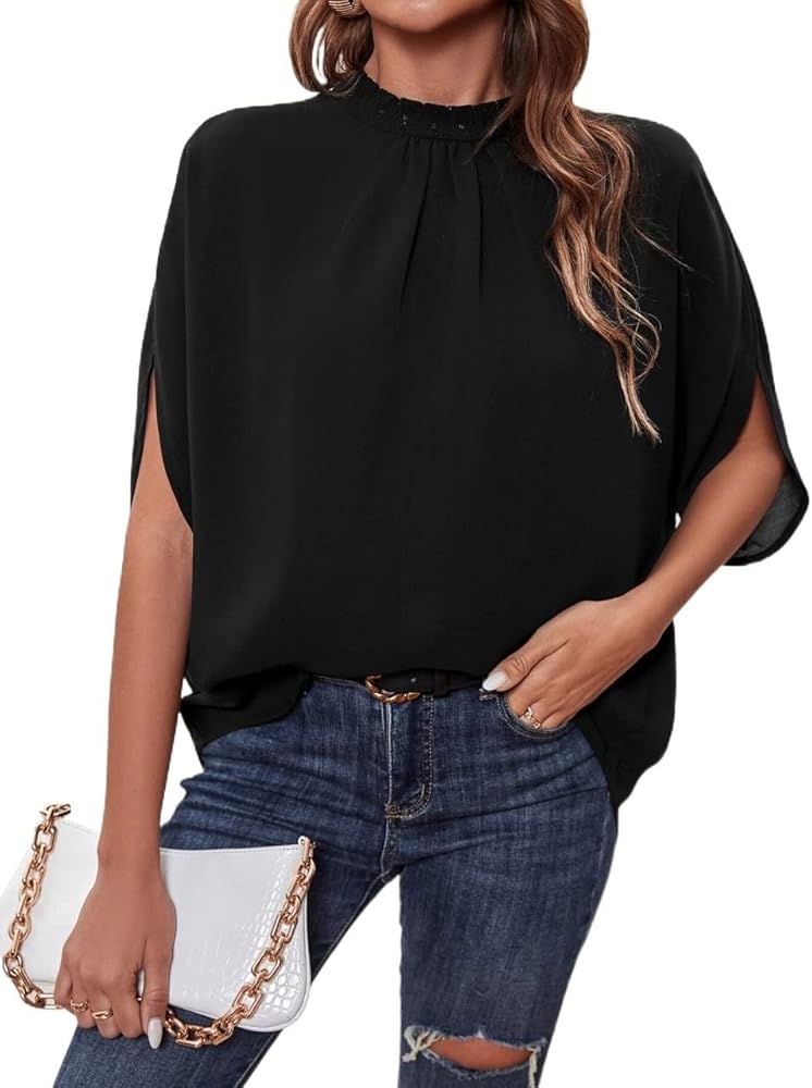 Tops,Tees & Blouses for Women Elegant Frilled Neck Batwing Sleeve Tie Back Blouse in Black