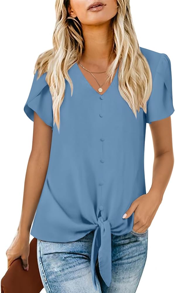 Womens 2024 Casual Summer Tops V-Neck Button Down Shirts Loose Fit Tunic Blouses