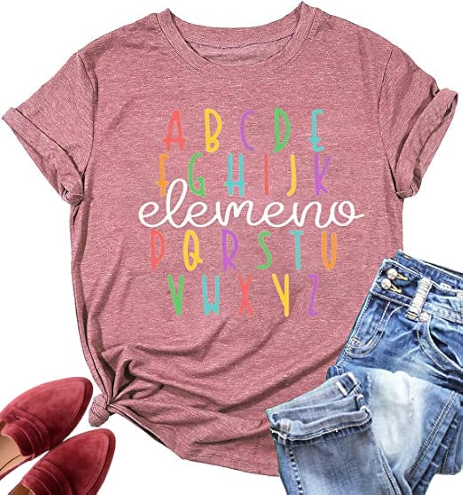 Teacher Shirt ABC Alphabet Elemeno Women Letter Print Graphic Tee Tops Teachers Gift Student T-Shirt Blouse