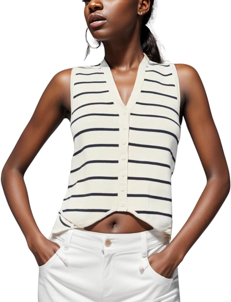 Chevara Women's Sleeveless Striped Sweater Vest Casual V Neck Vest Tops Summer Outfits