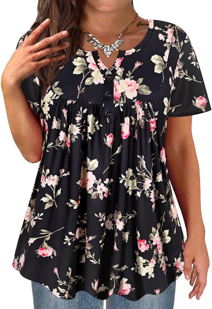 TIYOMI Plus Size 5X Tunic Tops for Women Short Sleeve Swing Shirts Buttons Up Summer Dressy Blouses XL-5XL