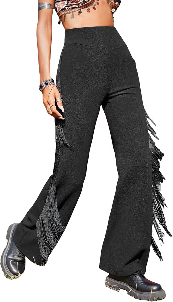 Verdusa Women's Vintage Fringe High Waist Flare Leg Dance Pants Tassel Trousers Bottom