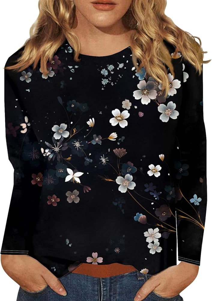 Women's Fashion Casual Round Neck Long Sleeve Printed T-Shirt Top Blouse for Women Dressy Casual