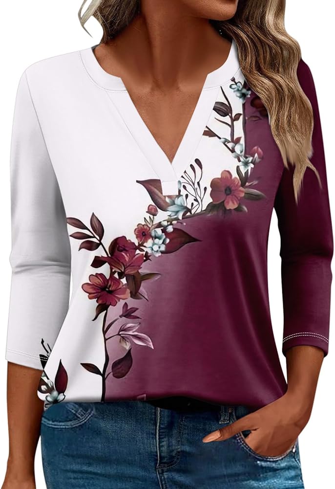 Women's T-Shirts Long Sleeve V Neck Loose Tees Casual Clothes Floral Blouses Print Tunics