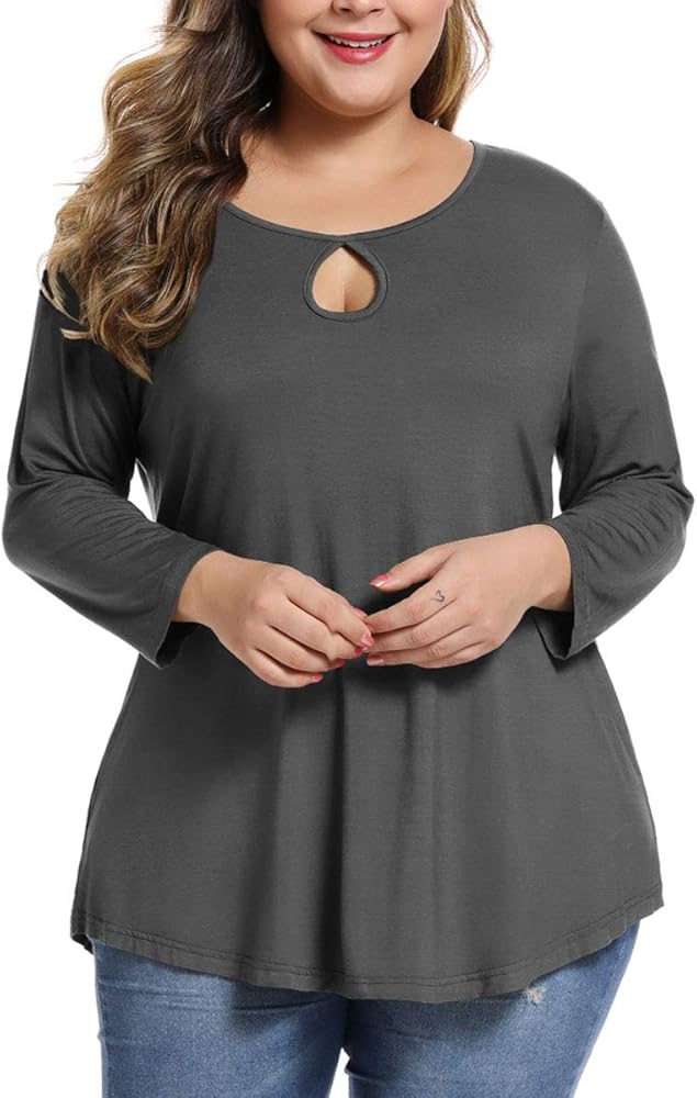 MONNURO Womens Plus Size Shirts 3/4 Sleeve Casual Loose Keyhole Sexy Tunic Tops Basic T-Shirts