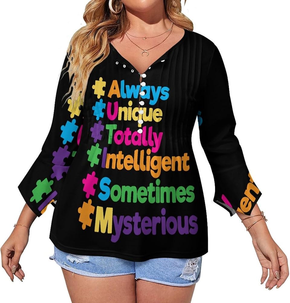 Autism Unique Puzzle Cute Womens T-Shirts 3/4 Sleeve Button Down Tee Tops Blouse Summer Beach