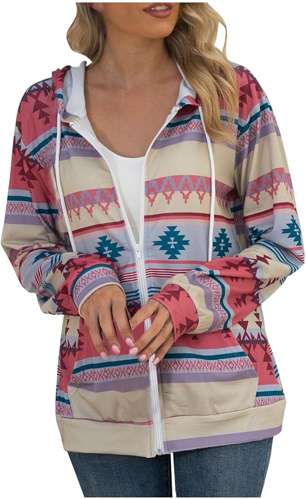 Women's Geometric Print Zip Up Hoodie Long Sleeve Athletic Sweatshirts Aztec Style Trendy Streetwear with Pockets