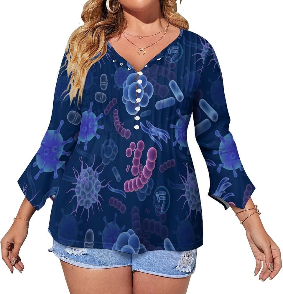 Viruses and Microbes Cute Womens T-Shirts 3/4 Sleeve Button Down Tee Tops Blouse Summer Beach