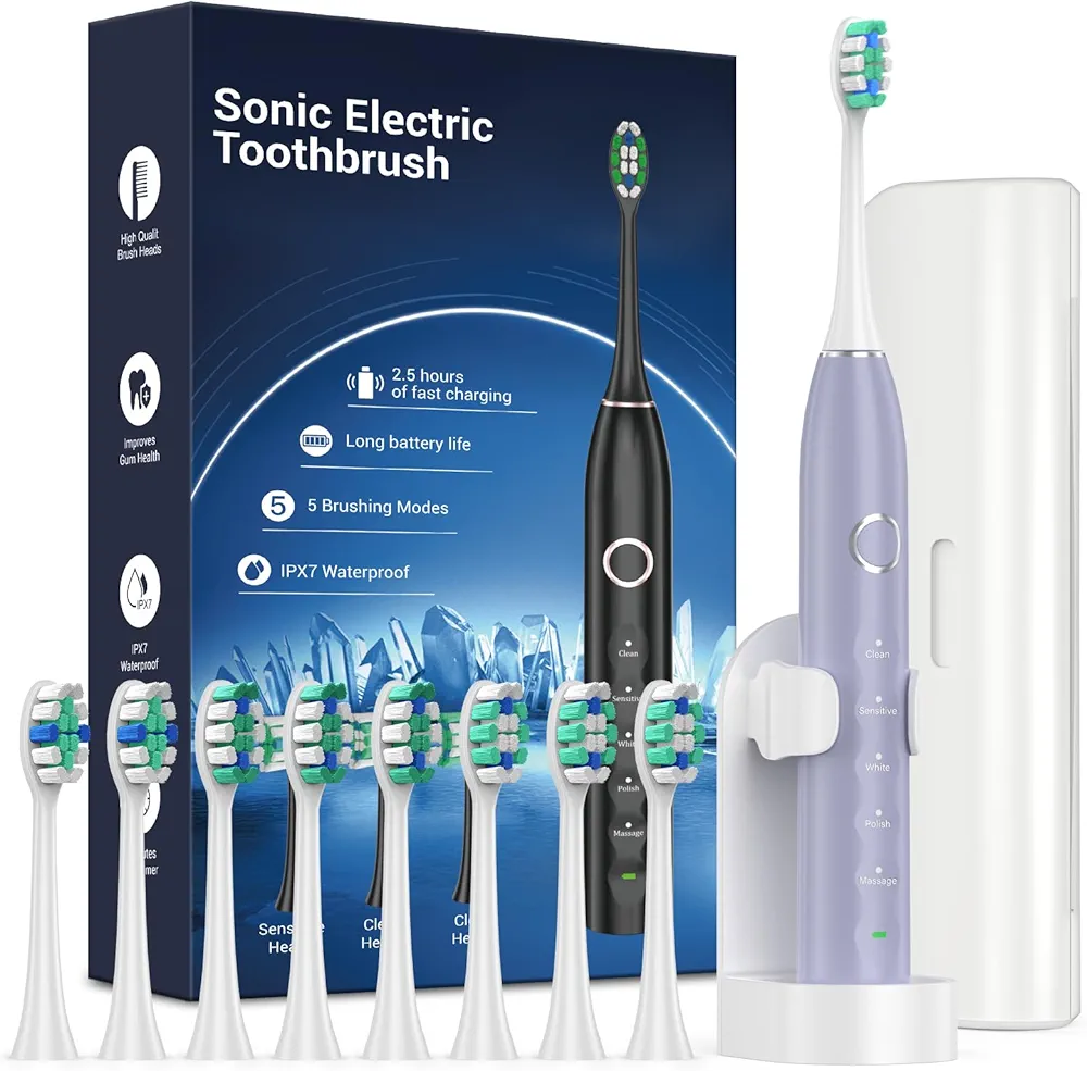 Rtauys S5 Sonic Electric Toothbrush for Adults with 8 Brush Heads, IPX7 Electric Toothbrush with Travel Case, 2.5 Hours Charge for 120 Days, 5 Modes with 2 Minutes Built in Smart Timer Light Purple