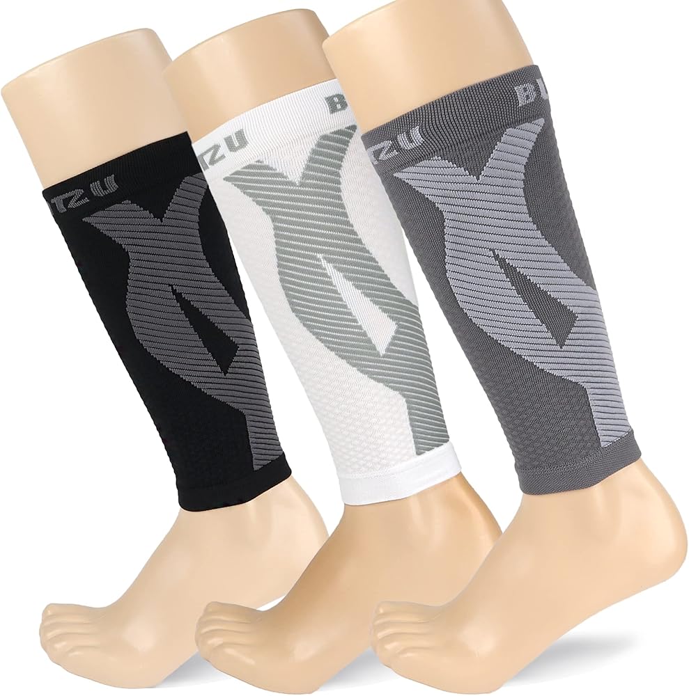 BLITZU 3 Pairs Calf Compression Sleeves for Women and Men Size S-M, One Black, One White, One Grey