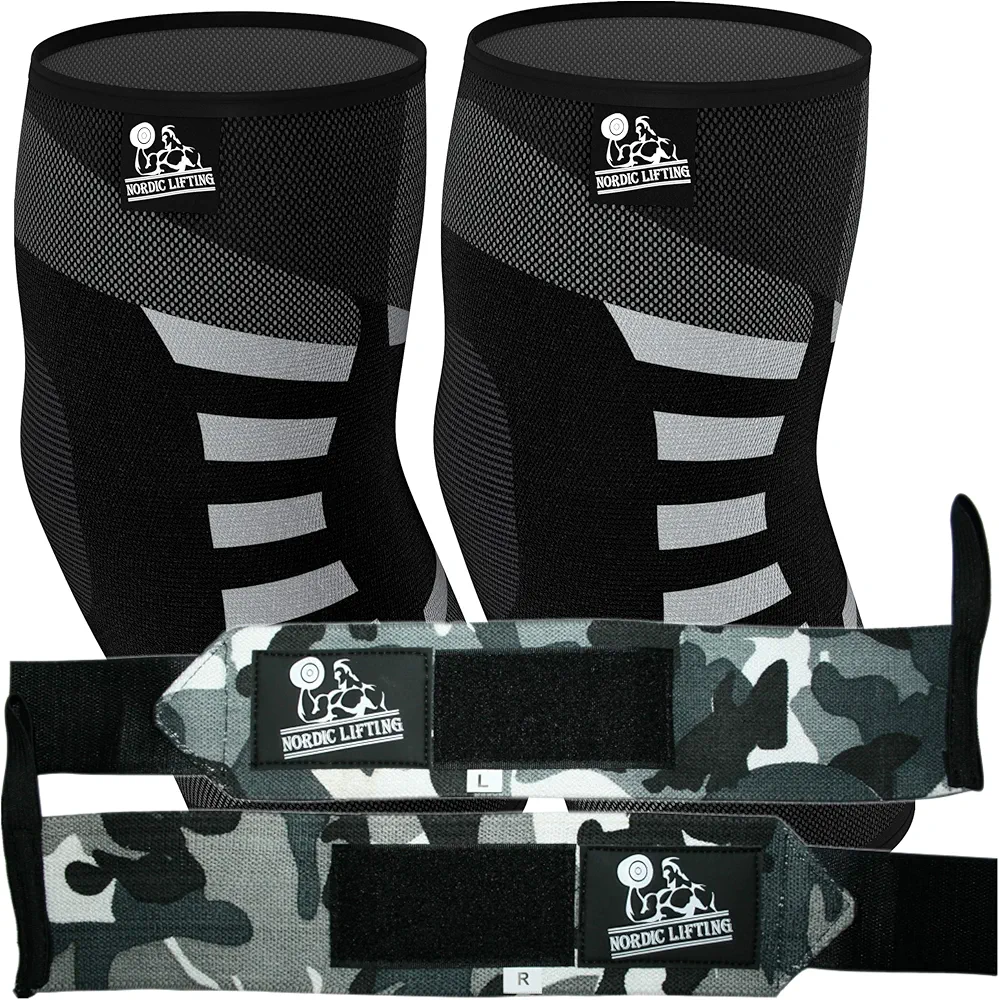 Nordic Lifting Elbow Compression Sleeves (1 Pair) Medium, Grey and Wrist Wraps (1 Pair/2 Wraps) Camo Grey