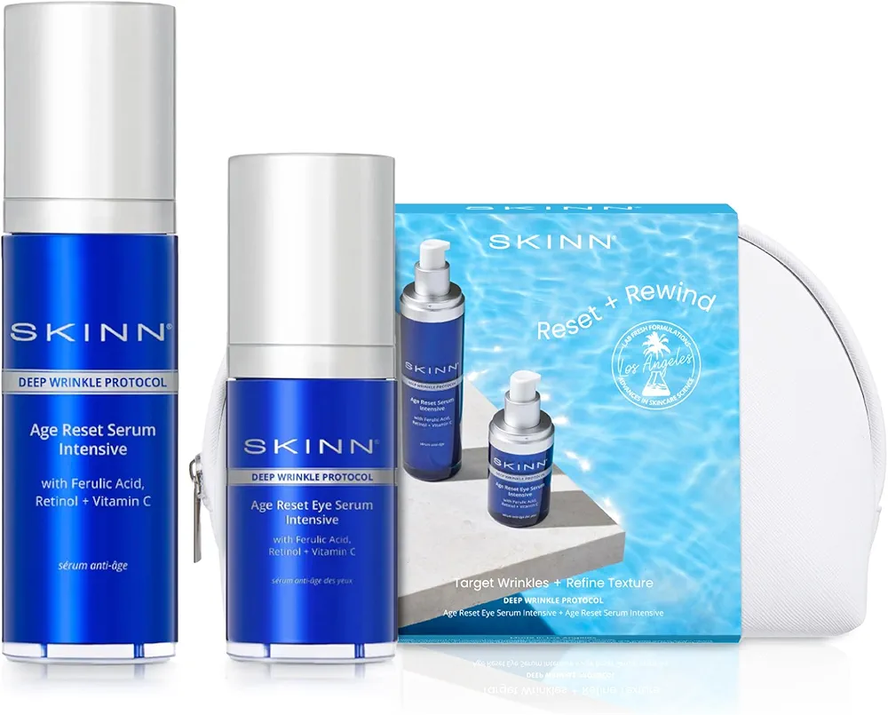 SKINN Deep Wrinkle Eye & Face Serum Skincare Gift Set, Reset & Rewind - Under Eye Serum for Dark Circles & Fine Lines - Hydrating & Plumping Anti-Aging Serum - Ferulic Acid, Retinol & Vitamin C